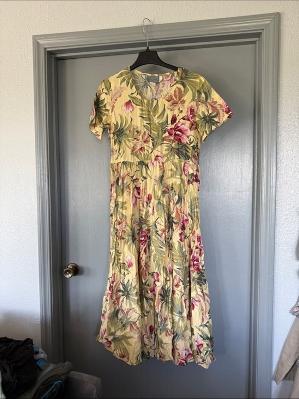 Vtg Carol Andersson Petites Yellow Floral Midi Dress Short Sleeve Tie Back sz 10